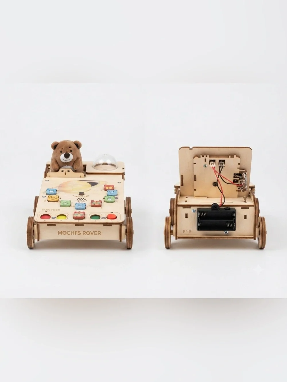 Wooden Kids Activity Rover Toy - Natural Wood with Colorful Buttons